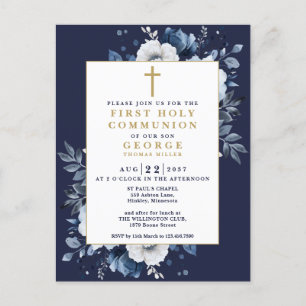 Navy Blue Boho Floral First Holy Communion Invite Postcard