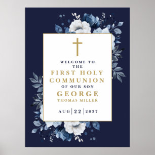 Navy Blue Boho Floral Holy Communion Welcome Sign