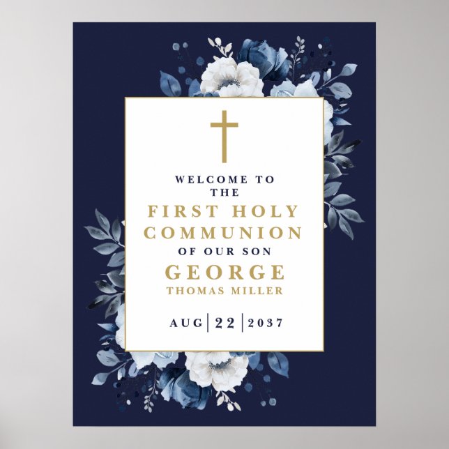 Navy Blue Boho Floral Holy Communion Welcome Sign (Front)