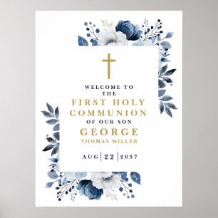 Navy Blue Boho Floral Holy Communion Welcome Sign