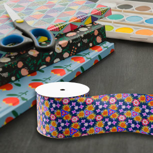 Navy Blue Boho Floral Print Pattern Pretty Craft Grosgrain Ribbon