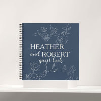 Navy Blue Boho Floral Wedding Spiral Guest Book 
