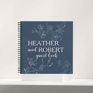 Navy Blue Boho Floral Wedding Spiral Guest Book