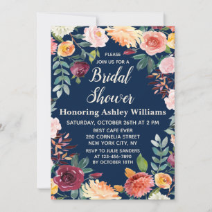 Navy Blue Boho Greenery Fall Floral Bridal Shower Invitation
