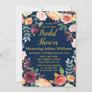 Navy Blue Boho Greenery Fall Floral Bridal Shower  Invitation