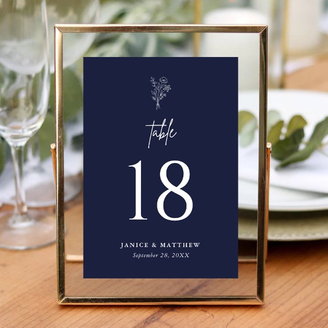 Navy Blue Boho Minimalist Botanicals Wedding Table Number (Navy blue boho botanical table number adds calm style and guides guests effortlessly)