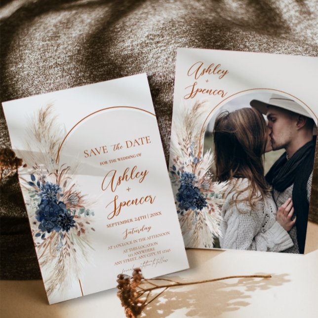 Navy Blue Boho Pampas Save The Date Card (Boho Pampas Grass Navy Blue Wedding Photo Save The Date Card)
