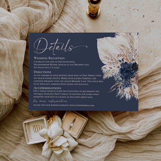 Navy Blue Boho Pampas Wedding Details Enclosure Card (Navy Blue Boho Pampas Wedding Details Enclosure Card, Bohemian Insert Card)