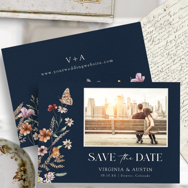 Navy Blue Boho Photo Save The Date (Navy Blue Autumn Boho Photo Save The Date Monogrammed on Back with Butterfly by Painted Paperie
)