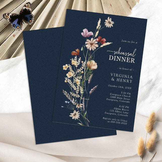 Navy Blue Boho Rehearsal Dinner Invitation (Navy Blue Boho Floral Rehearsal Dinner Invitation by Painted Paperie
)