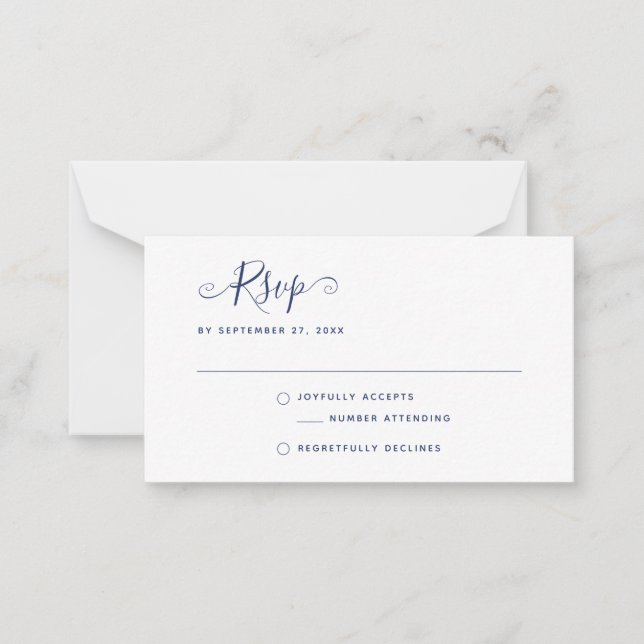 Navy Blue Boho Stylish Script RSVP Wedding Card (Front)