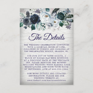 Navy Blue Boho Tribal Flora Wedding Details Enclosure Card