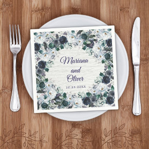 Navy Blue Boho Tribal Watercolor Floral Wedding Napkin