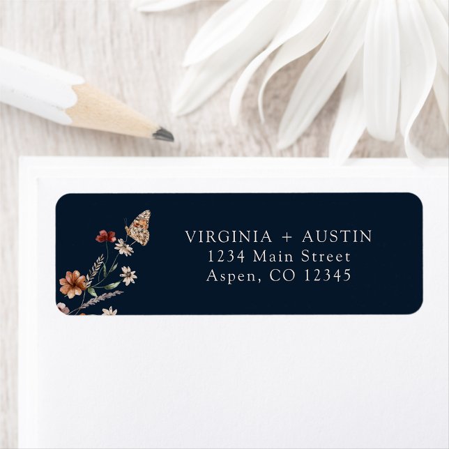 Navy Blue Boho Wedding Return Address Label (Navy Blue Boho Floral Wedding Return Address Label with Butterfly by Painted Paperie
)