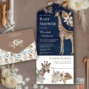 Navy Blue Boho Wild Safari Giraffe Baby Shower All In One Invitation