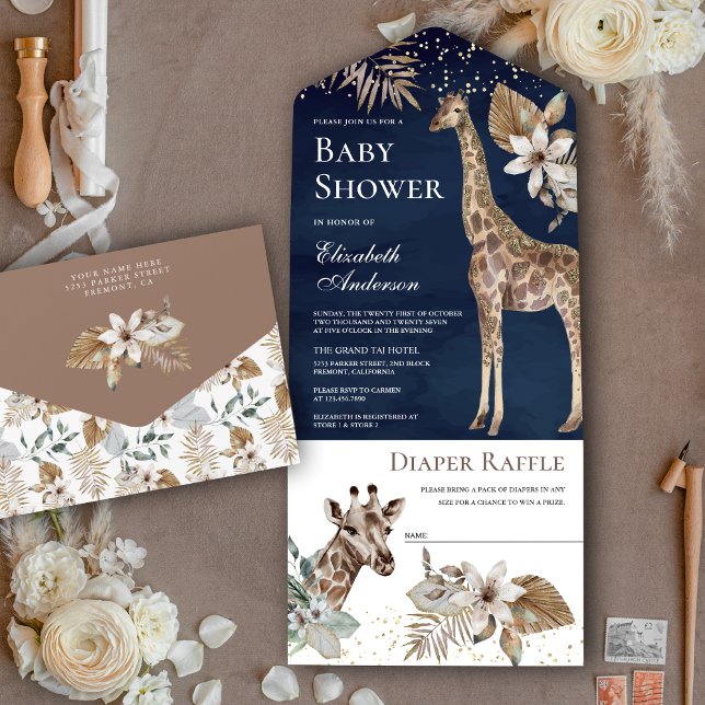 Navy Blue Boho Wild Safari Giraffe Baby Shower All In One Invitation (Creator Uploaded)