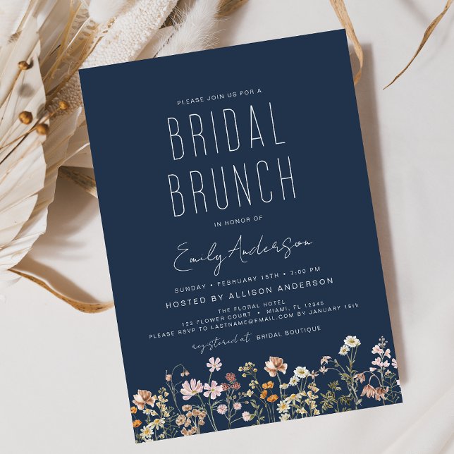 Navy Blue Boho Wildflower Bridal Brunch Shower Invitation (Creator Uploaded)