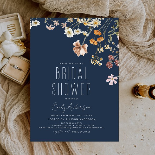 Navy Blue Boho Wildflower Bridal Shower Elegant Invitation (Creator Uploaded)
