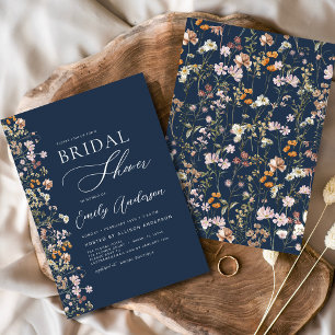 Navy Blue Boho Wildflower Bridal Shower Elegant Invitation