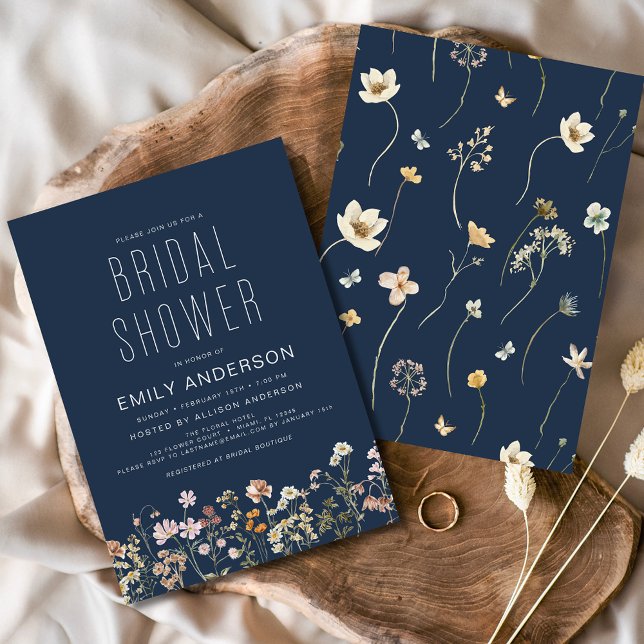 Navy Blue Boho Wildflower Bridal Shower Elegant Invitation (Creator Uploaded)