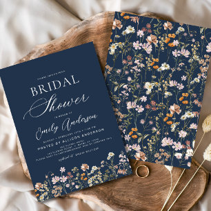 Navy Blue Boho Wildflower Bridal Shower  Invitation
