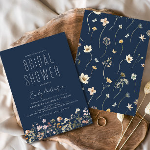Navy Blue Boho Wildflower Bridal Shower  Invitation
