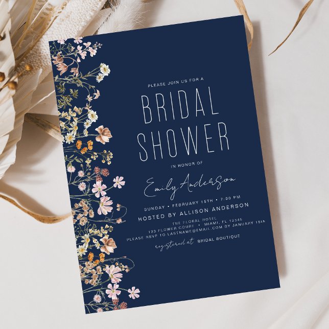 Navy Blue Boho Wildflower Bridal Shower  Invitation (Creator Uploaded)