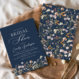 Navy Blue Boho Wildflower Bridal Shower Script Invitation