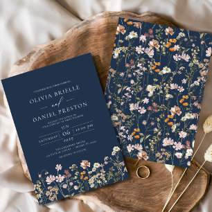 Navy Blue Boho Wildflower Garden Wedding Invitation