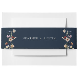Navy Blue Boho Wildflower Wedding Belly Band Invitation Belly Band