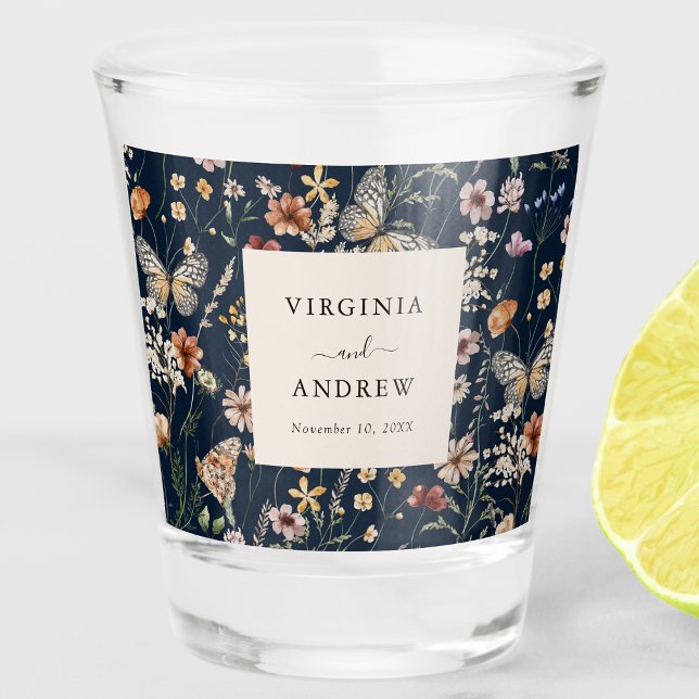 Navy Blue Boho Wildflower Wedding Shot Glass (Navy Blue Boho Wildflower Wedding Shot Glass by Painted Paperie
)