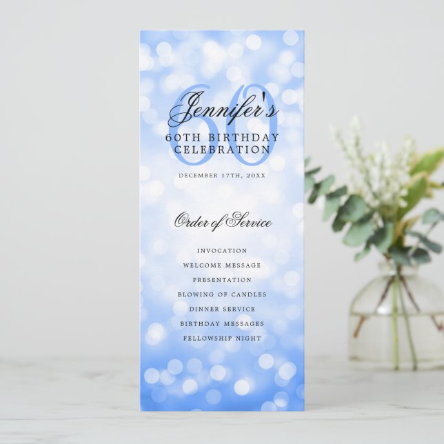 Navy Blue Bokeh 60th Birthday Program w/ Menu Invitation (Standing Front)