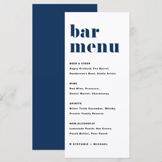 Navy Blue Bold Retro Typography Wedding Bar Menu (Front/Back)