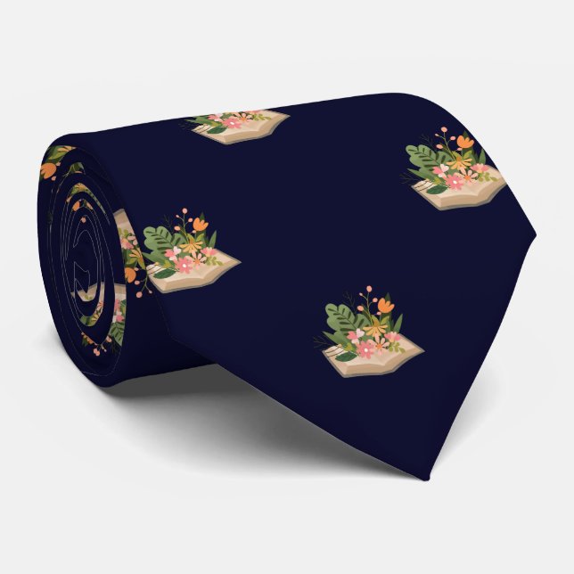 Navy Blue Book and Flowers Work & Graduation Gift Tie (Rolled)