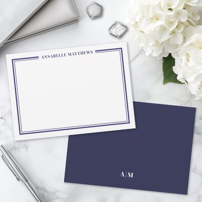 Navy Blue Border Minimalist Name Monogram Card (Navy Blue Border Minimalist Name Monogram Note Card)