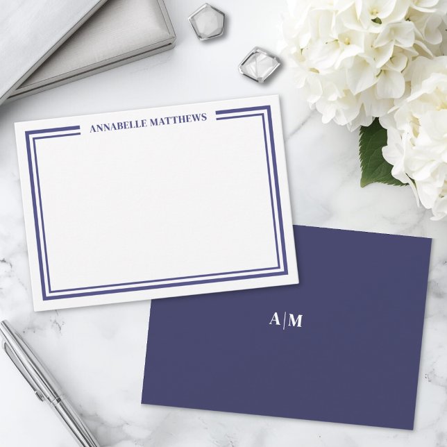 Navy Blue Border Minimalist Name Monogram Card (Navy Blue Border Minimalist Name Monogram Note Card)