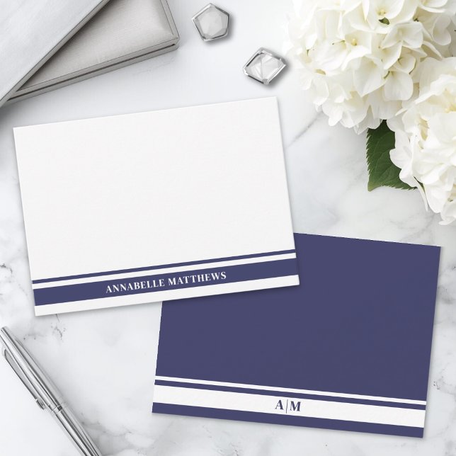 Navy Blue Border Minimalist Name Monogram Card (Navy Blue Border Minimalist Name Monogram Note Card )