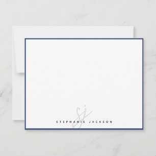 Navy Blue Border Monogram Script Modern Minimalist Card