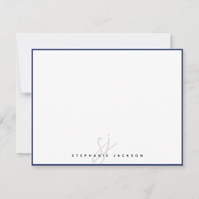 Navy Blue Border Monogram Script Modern Minimalist Card (Front)