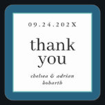 Navy Blue Border Simple Wedding Favour Square Sticker<br><div class="desc">Make a statement of understated elegance with this simple,  text-based wedding favour thank you sticker label featuring a border of nautical navy blue and aqua. Use the customisation option to change the colours and fonts to suit your wedding theme.</div>
