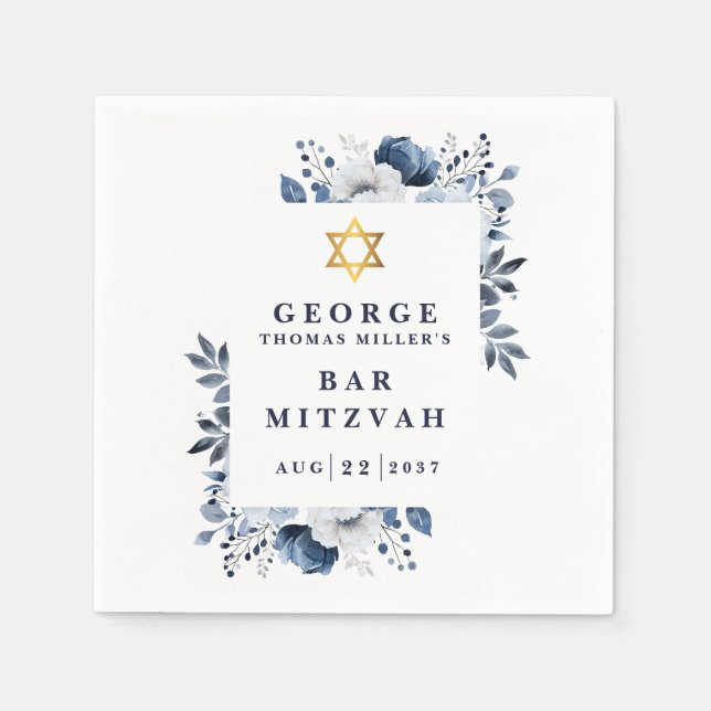 Navy Blue Botanical Bar Mitzvah Bat Mitzvah Napkin (Front)