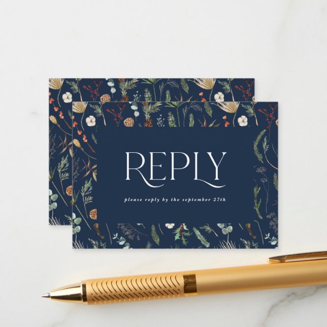 Navy blue botanical elegant wedding reply enclosure card (Front/Back In Situ)