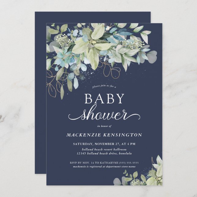 Navy Blue Botanical Eucalyptus Baby Shower Invitation (Front/Back)