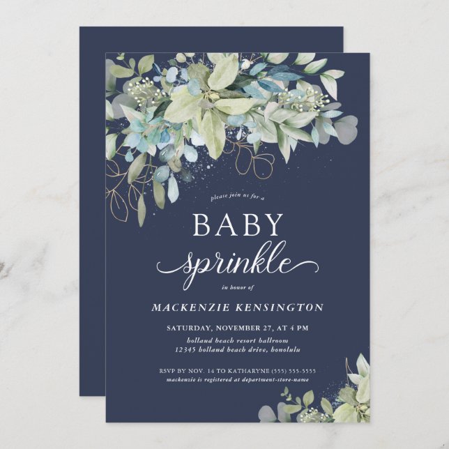 Navy Blue Botanical Eucalyptus Baby Sprinkle  Invitation (Front/Back)