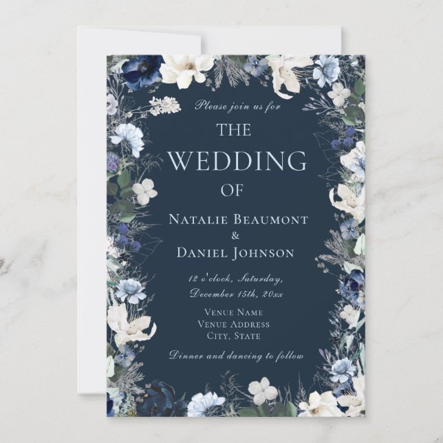 Navy Blue Botanical Floral Wedding Invitation (Front)