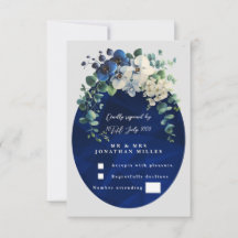 Navy Blue Botanical Floral Wedding RSVP