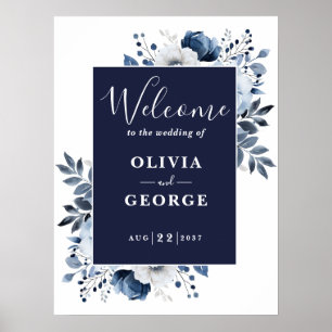 Navy Blue Botanical Floral Wedding Welcome Sign