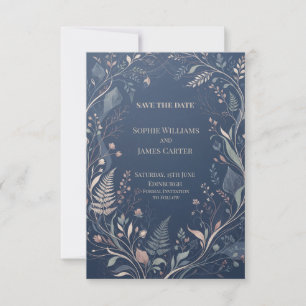 Navy Blue Botanical Gold Foliage Save the Date Car
