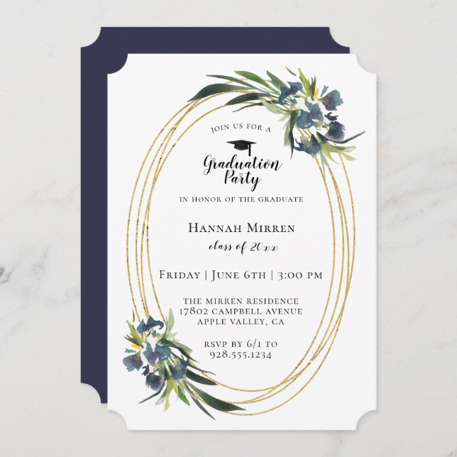 Navy Blue Botanical Graduation Party Invitation (Front/Back)