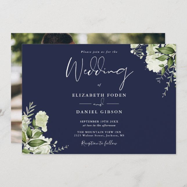 Navy Blue Botanical Greenery Photo Wedding  Invitation (Front/Back)